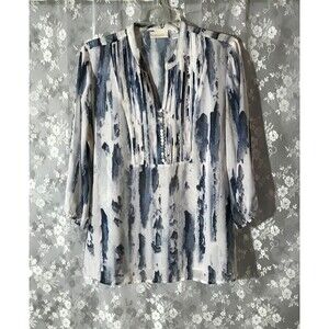 Chico's Blue & White Blouse Plus Size 1X Office Boho 3/4 Sleeve Feminine Top